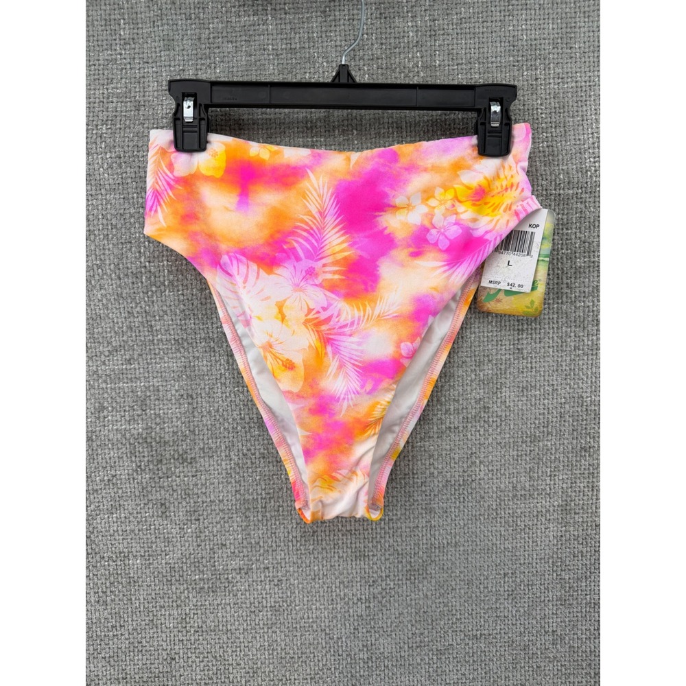 Hobie Women's Large High Waisted Tropical Floral Bikini Bottoms Pink Orange‎